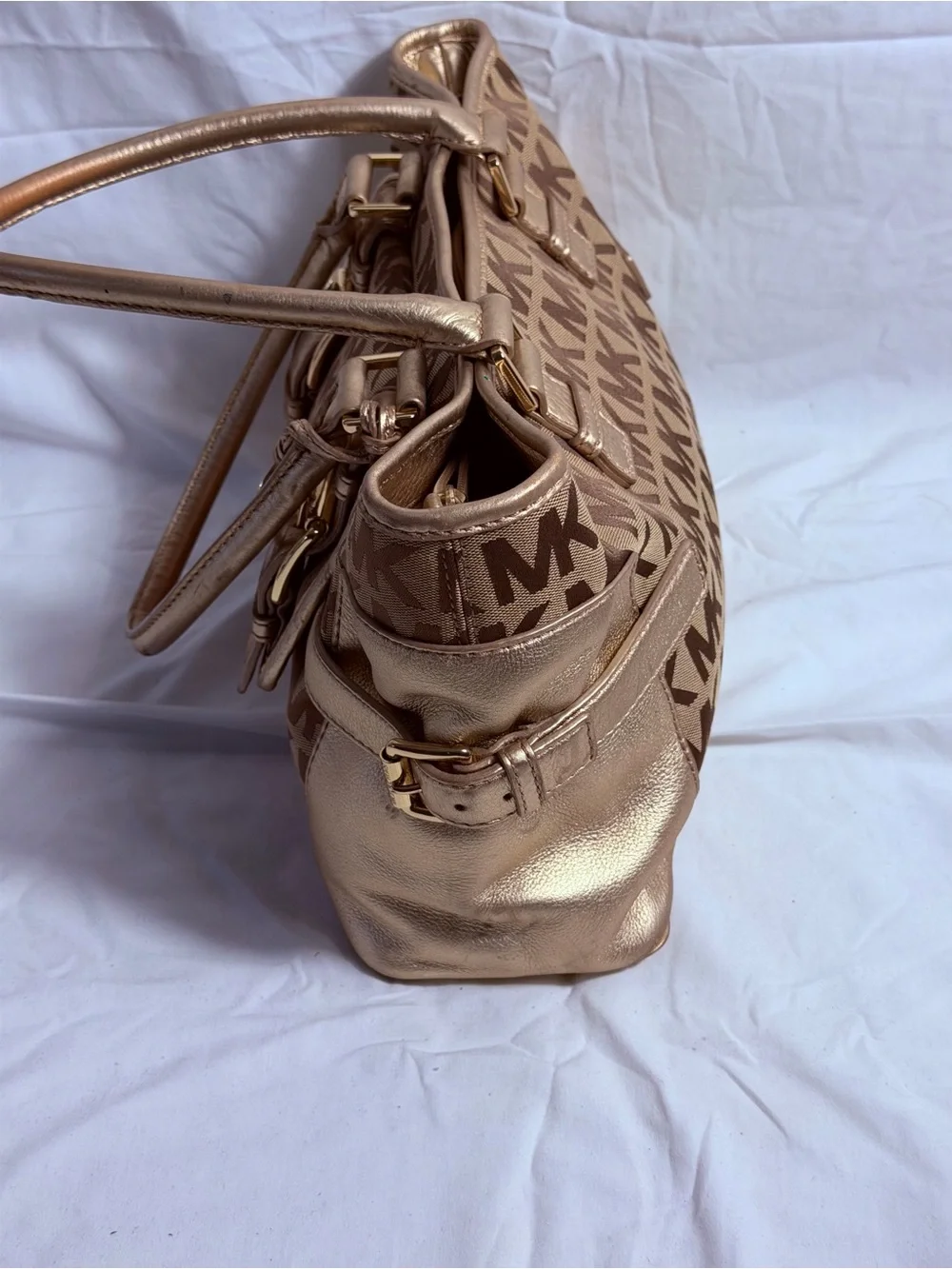 Michael Kors Gold Signature Jacquard Metallic Leather Satchel Bag